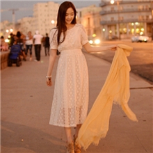 2013春夏新款女装优雅蕾丝镂空钩花收腰短袖连衣裙束腰长裙优品