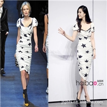 DK96欧美外贸女装范冰冰同款星星图案蕾丝弹力收臀春秋连衣裙