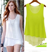 2013夏装新品女装背心糖果色百搭拼接假两件背心雪纺背心