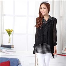 秋装新款韩版长袖镂空针织衫雪纺衬衫两件套毛衣外套