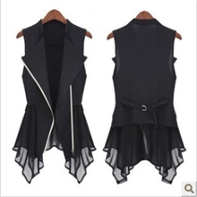 2013新款雪纺马甲女装修身外套马夹长款欧美无袖雪纺衫