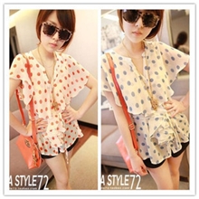 甜美淑女2013新款层层木耳边收腰荷叶袖波点雪纺衫