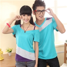 2013新款夏季情侣装夏装短袖t恤V领假两件女装韩版