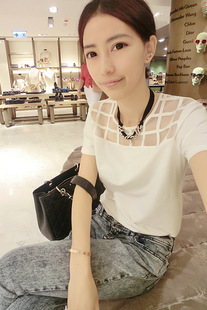 2013夏新韩国别致方格拼欧根纱设计T恤