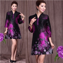 2013春秋装新款中老年女装修身显瘦加大码七分袖V领妈妈装连衣裙