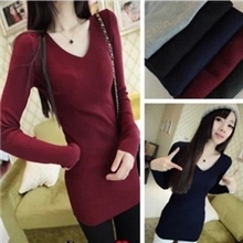 百搭竖条纹V领紧身显瘦加长打底针织衫修身显瘦803