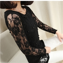 女式打底衫女式新款韩版圆领修身长袖蕾丝打底衫打底t恤批发