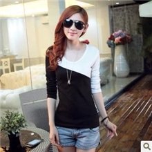 2013秋季新款女装修身显瘦气质拼接圆领t恤打底衫