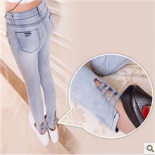 【韩国代购】脚口洞洞个性紧身包腿显瘦小脚裤女牛仔九分裤