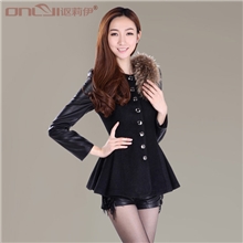 讴莉伊13冬装高端红狐狸毛肩章拼接皮袖短款毛呢外套女式风衣大