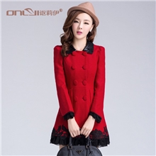 讴莉伊淘宝爆款秋冬新款花边脚边中长款双排扣呢大衣风衣女装外套