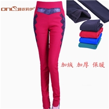 讴莉伊3002#冬季新款女长裤大码女式弹力加绒打底休闲裤拼接皮裤