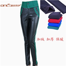 讴莉伊3003#冬季新款休闲女长裤大码女式弹力加绒打底裤拼接皮裤