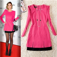 2013韩版新装秋冬装气质百搭彩呢拼接毛呢连衣裙长袖连衣裙