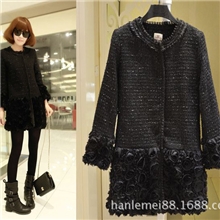 加厚版小香风2013秋装新玫瑰花拼接花呢百搭女外套风衣大衣#8263