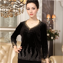 一手货源中老年女装加肥V领通勤镶钻宽松大码金丝绒上衣打底衫866