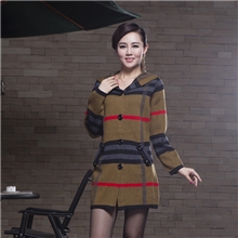 秋冬中老年女装加厚格子长款针织帽子衫外套韩版大码长袖开衫