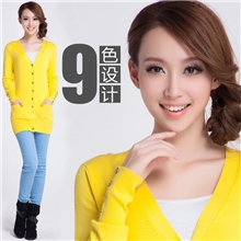 2013秋装新款韩版宽松V领长袖针织开衫中长款针织衫女士外套