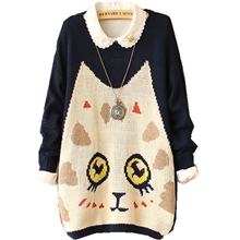 秋冬新款可爱大眼睛猫咪中长款大脸猫圆领厚毛衣女