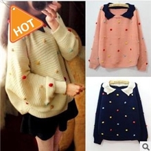 新款女装彩色立体小豆豆日系甜美荷叶翻领毛衣