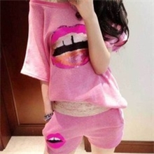 （促销现货）韩国东大门代购正品嘴唇亮片短袖T恤短裤套装