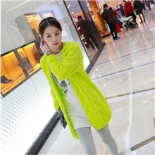 秋冬新款女装韩版荧光色棒针麻花宽松中长款针织衫开衫毛衣外套