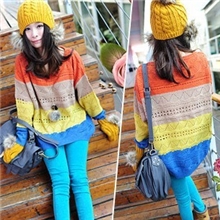 优质版秋冬色条纹套头大版休闲长袖宽松镂空针织衫毛衣女外套450g