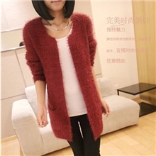 2013秋装新款韩版简约圆领长袖中长款马海毛针织开衫外套毛衣女