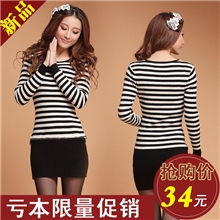 新款黑白条纹连衣裙OL修身秋装针织毛衣裙长袖打底秋冬款连衣裙