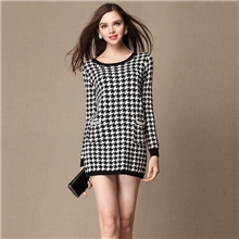 2013明星爆款连衣裙欧美风珍珠口袋千鸟格宽松小香风针织连衣裙