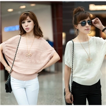 韩版夏装新款女装一字领蝙蝠毛织衫短袖宽松针织衫镂空外套