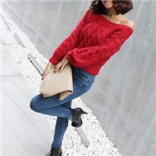 手织立体麻花毛衣露肩一字领斜肩红色经典重现套头毛衫支持混批