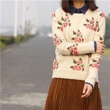 韩版原单复古玫瑰花印花毛衣打底百搭淑女装支持一件代发混批