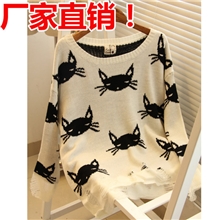 欧美爆款VIVI杂志猫咪猫头个性破洞镂空针织衫毛衣319#