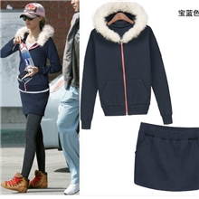 欧美2013秋款时尚真兔毛领连帽加厚款卫衣套装卫衣裙卫衣套装