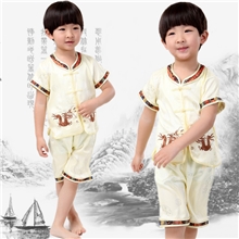 供应唐装儿童唐装仿丝绣双龙童装淡黄色