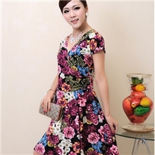 爆款夏装中老年加大码短袖连衣裙清新花色连时尚妈妈长裙月裙#