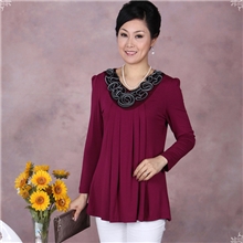 【一件代发】中老年女装秋装皱褶拉链花v领玫瑰领长袖t恤打底衫