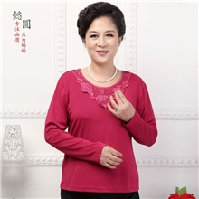 中老年女装秋装妈妈装圆领绣花宽松大码长袖t恤打底衫内衣