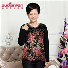 13秋冬装新款中老年打底衫女式妈妈装时尚豹纹镶钻金丝绒上衣