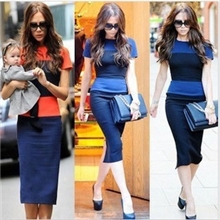 深圳外贸女装货源欧美明星T台走秀款贝嫂同款撞色拼接修身连衣裙