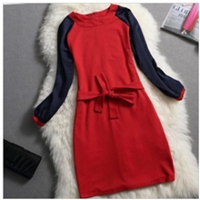 欧美明星辣妹贝嫂维多利亚同款撞色拼接系带连衣裙