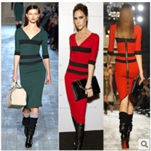 品牌优质女装2013新款T台走秀款贝嫂明星同款V领拼色修身连衣裙
