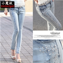 【小魔妖】韩国女式牛仔裤烫钻牛仔小脚裤批发女式铅笔牛仔裤长裤