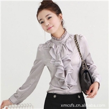 韩版女装批发【飞海伦】春夏修身气质纯色荷叶边女式长袖衬衫0247