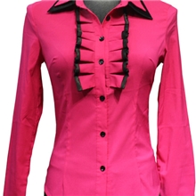 女式休闲修身衬衫职业装女式长袖大翻领镶黑边荷叶款衬衫