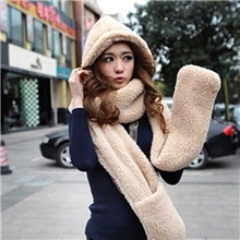 韩版超人气羊羔绒围巾帽子手套一体批发毛绒套装帽子围巾批发