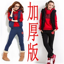 W3056冬季韩版女装三件套装加厚抓绒带帽休闲运动套装全套批发