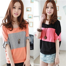 爆款供应年韩版大码女装条纹宽松休闲短袖T恤蝙蝠衫批发