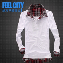 夏季爆款男式长袖T恤韩版修身双领格子长袖袖polo衫长袖T恤男